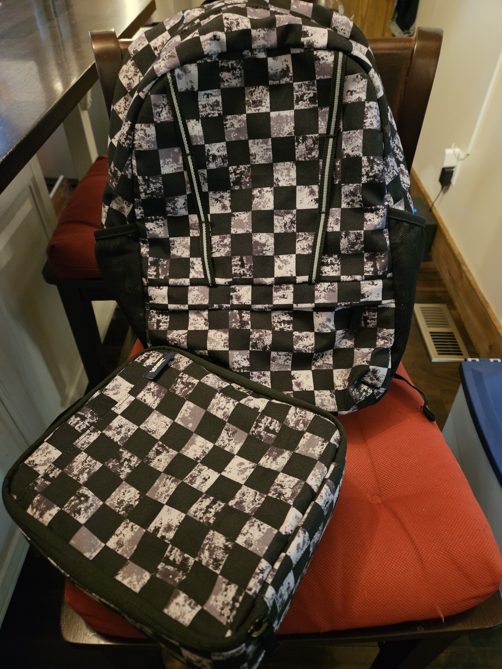 Lands' End Black and White Checkerboard Kids Backpack with Lunch Box